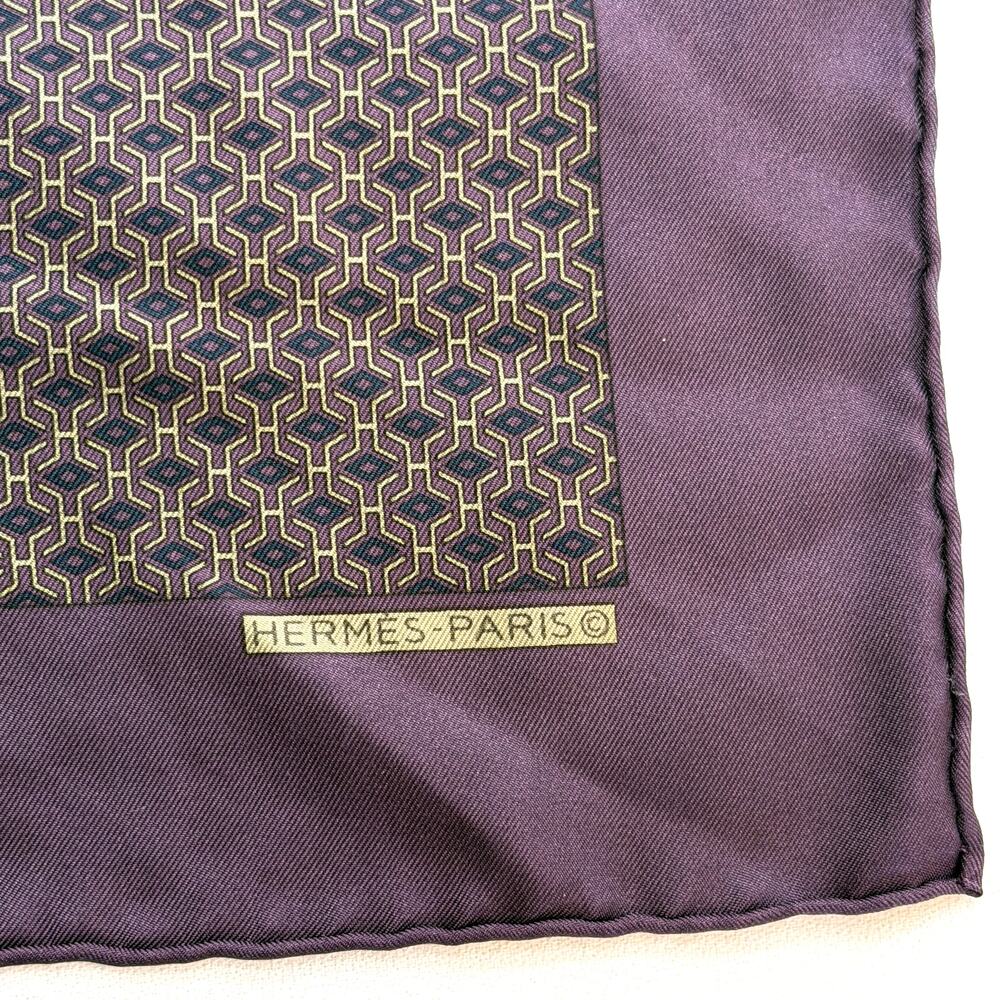 Hermes Paris Silk Vintage Pocket Square Scarf - Rare Plum Geometric Pattern